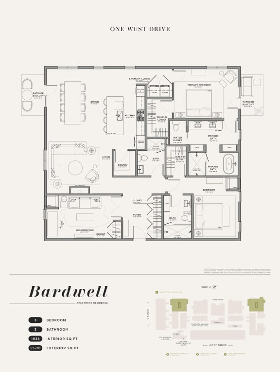 Floor Plan  3 bed 3 bath at One West Drive Apartments, Excelsior, 55331