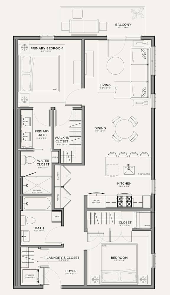 A black and white floor plan of a two-bedroom apartment.
