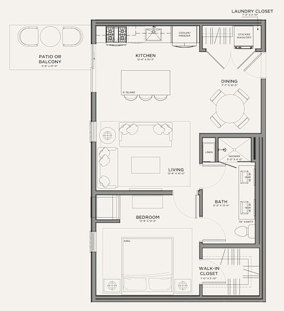 A black and white image of a floor plan for a small apartment.