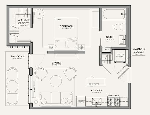 A black and white floor plan of a small apartment with a bedroom, living room, kitchen, and laundry closet.