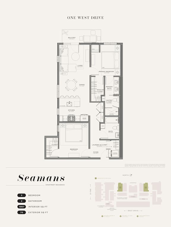 Floor Plan  2 bed 2 bath E at One West Drive Apartments, Excelsior, Minnesota