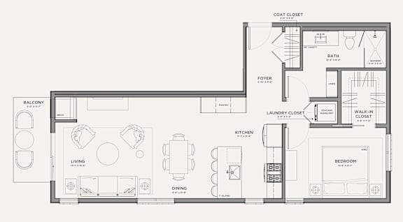 A floor plan of a house with a living room, dining room, kitchen, and bedrooms.