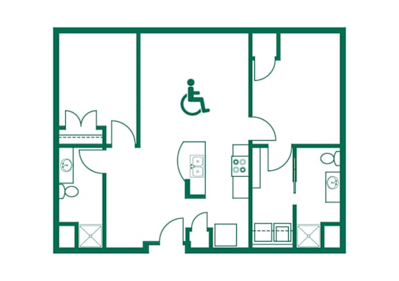 A floor plan of a building with a handicap symbol in the middle.