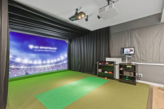 sports simulator room with a green carpet and a projector screen on the wall
