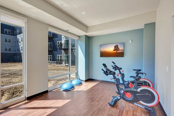 A room with a wooden floor and a bike.
