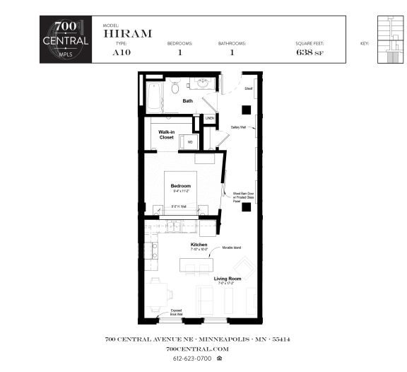 Floor Plan  One Bed One Bath Hiram Floorplan  at 700 Central Apartments, Minneapolis, Minnesota