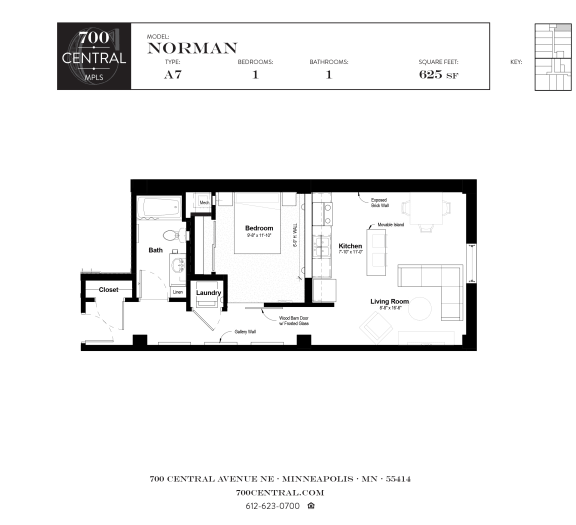 Floor Plan  One Bed One Bath Norman Floorplan  at 700 Central Apartments, Minneapolis, MN