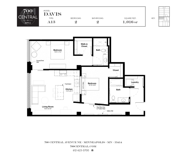Floor Plan  Two Bed Two Bath Davis Floorplan  at 700 Central Apartments, 700 Central Avenue, Minneapolis