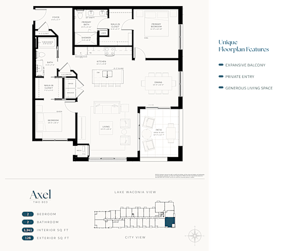 A floor plan for a two-bedroom apartment with a living room, kitchen, and bathroom.