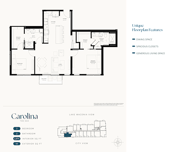 A floor plan for a property named Carolina shows a layout with a bedroom, bathroom, and living areas.