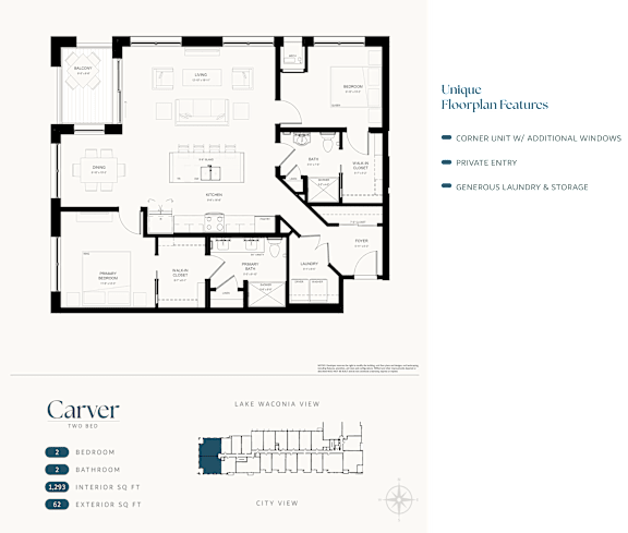 A floor plan of a two bedroom apartment with a detailed description of the interior and exterior square footage.