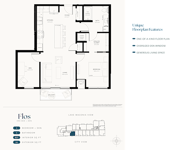 A floor plan of a one-bedroom den apartment with a bathroom and a living room.