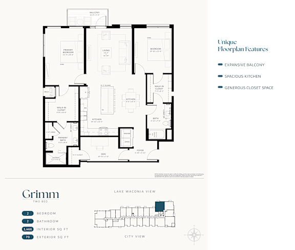 A floor plan for a Grimm two bedroom apartment with exterior and city views.