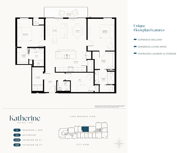 A floor plan for a two-bedroom, den apartment with a kitchen, living room, dining room, and two bathrooms.