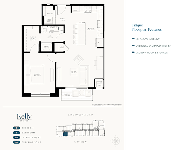 A floor plan of a Kelly Unique Floorplan features an expansive balcony, oversized U-shaped kitchen, and laundry room and storage.