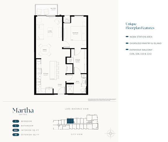 A floor plan of a one bedroom apartment named Martha with a lake view.