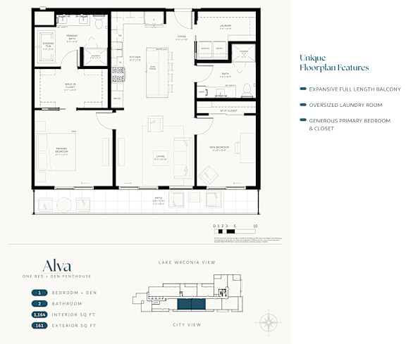 A floor plan for a one bedroom, pen penthouse apartment with a den, bathroom, and laundry room.