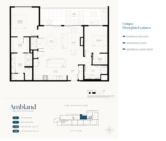 A floor plan of a two bedroom apartment with a unique layout featuring an expansive second level balcony and an oversized closet.