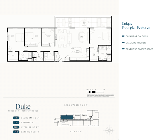 A floor plan for a property called Duke shows a bedroom, den, bathroom, and kitchen layout.