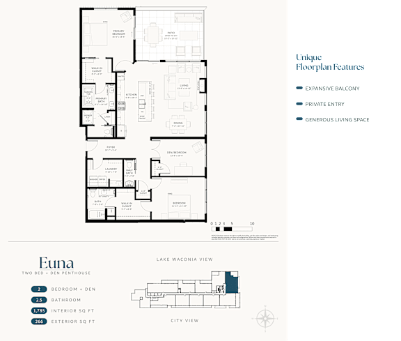 A floor plan for a property named Euna with two bedrooms and a den is displayed.