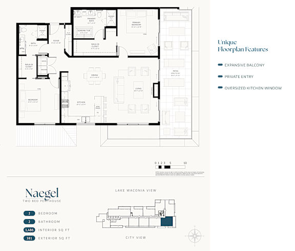 A floor plan for a two bedroom house with a unique feature of an oversized kitchen window.