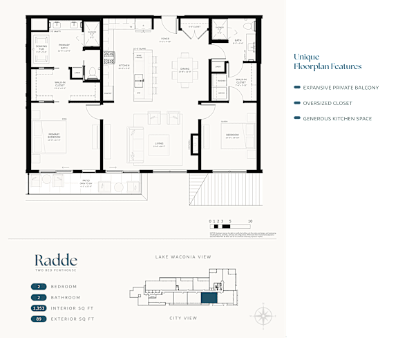 A floor plan of a house with a unique layout featuring an expansive private balcony, an oversized closet, and a generous kitchen space.