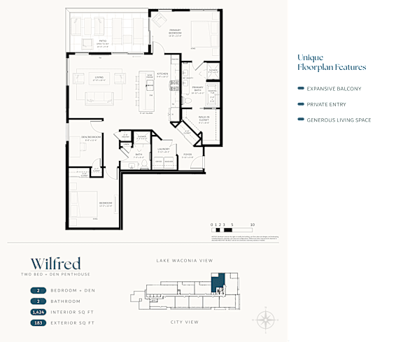 A floor plan for a two-bedroom, one-bathroom apartment with a unique layout and features.