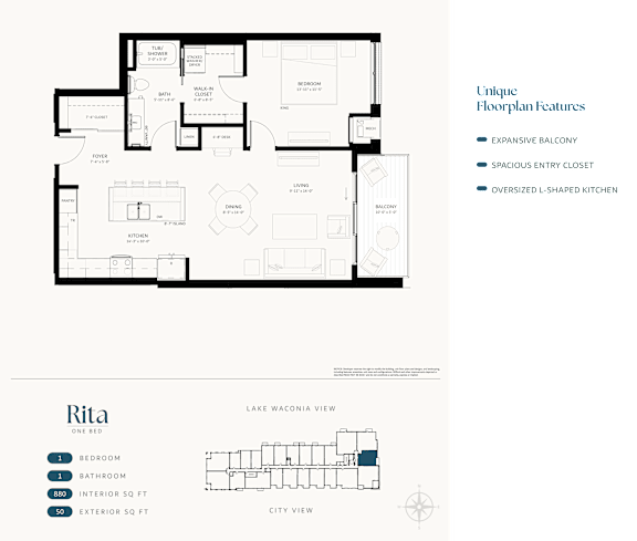A floor plan of a house with unique features such as an expansive balcony, a spacious entry closet, and an oversized L-shaped kitchen.