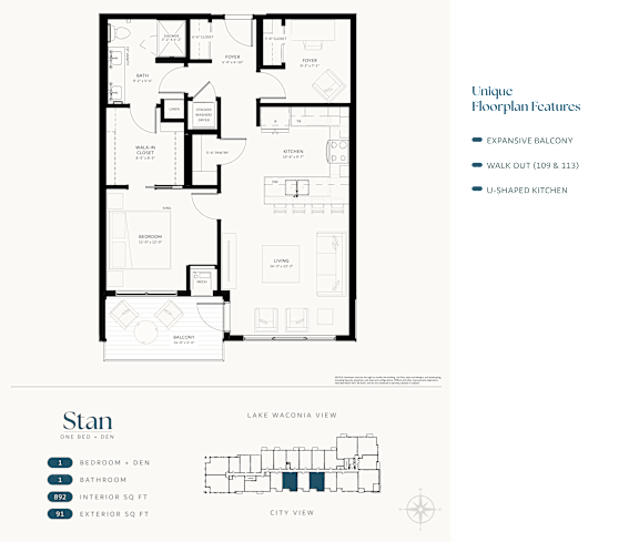 A floor plan for a home with a unique design, featuring an expansive balcony, walkout, and U-shaped kitchen.