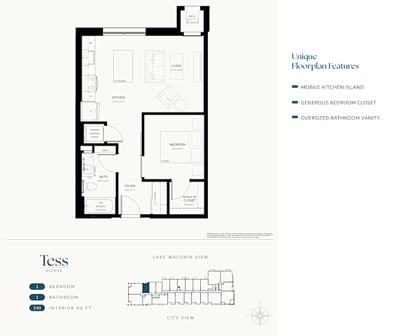 A floor plan for a Tess Alcoves property showing a bedroom, bathroom, and kitchen.