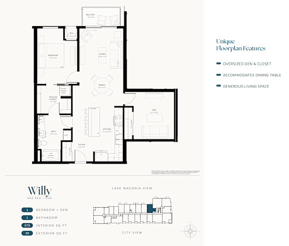 A floor plan of a house named Willy with a description of its unique features.