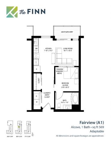 A floor plan for a property by The Finn shows a bedroom, living room, and bathroom.
