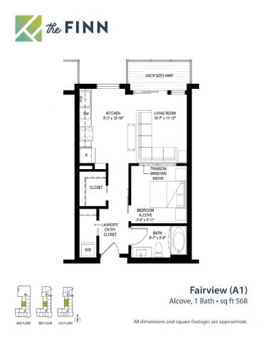 A floor plan for a property by The Finn shows a kitchen, living room, and bathroom.
