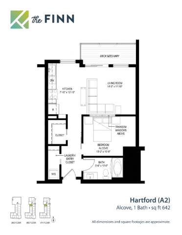 A floor plan for a property by The Finn shows a living room, a bedroom, a bathroom, and a laundry area.