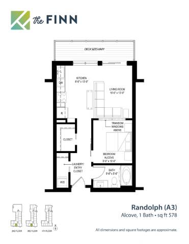 A floor plan for a one bathroom apartment with a living room and kitchen.