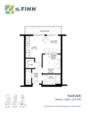 A floor plan for a Ford (A4) Alcove with 1 bath and 505 square feet.