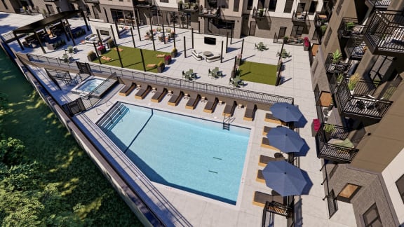 a view of the pool from above at the grove resort and spa at Ardor on the Bluffs South Loop Residences Apartments, Bloomington, MN