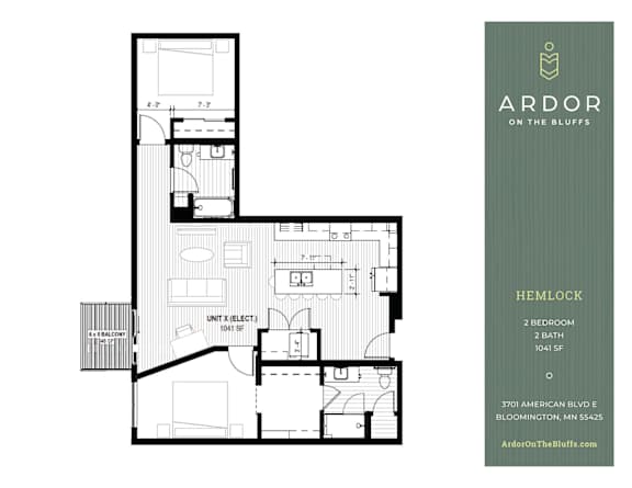 A floor plan for a two bedroom, two bath apartment at Ardor on the Bluffs.