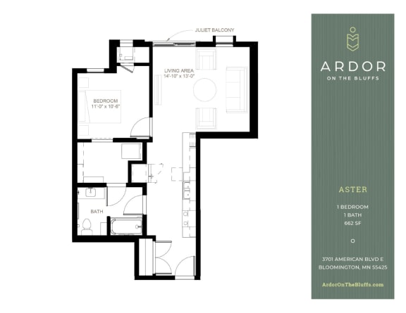 1 bed 1 bath Q at Ardor on the Bluffs South Loop Residences Apartments, Minnesota, 55425