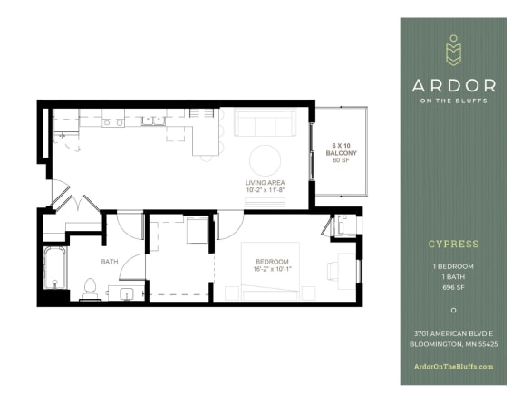 1 bed 1 bath J at Ardor on the Bluffs South Loop Residences Apartments, Bloomington, Minnesota