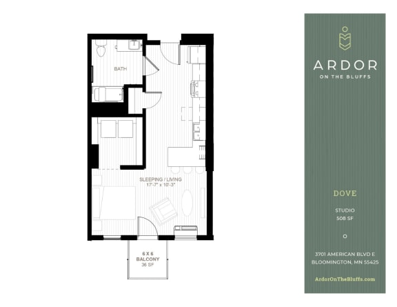 Studio 1 bathroom B at Ardor on the Bluffs South Loop Residences Apartments, Bloomington, 55425