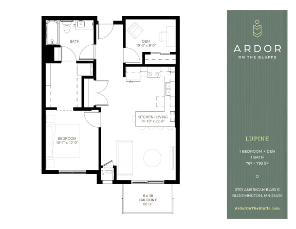 1 bed 1 bath F at Ardor on the Bluffs South Loop Residences Apartments, Bloomington