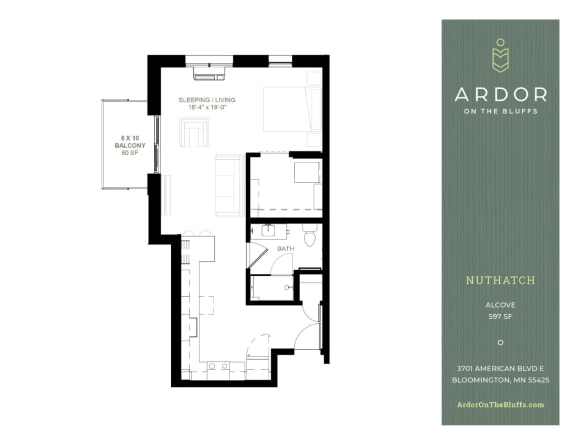 a floor plan of a bedroom apartment at Ardor on the Bluffs South Loop Residences Apartments, Bloomington, MN, 55425