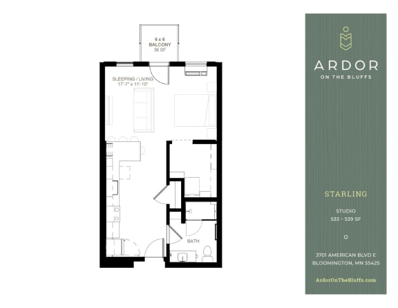 Studio 1 bathroom F at Ardor on the Bluffs South Loop Residences Apartments, Bloomington, 55425