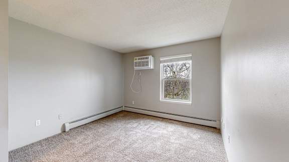 A room with a window and a carpet on the floor.