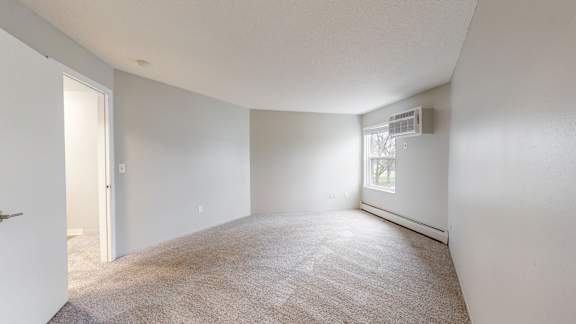 A room with a carpeted floor and a window.