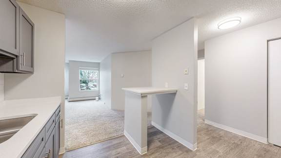A kitchen with a table and a window.