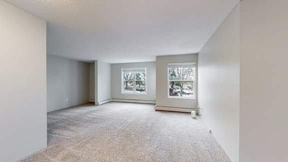 A spacious room with two windows and carpeted floor.