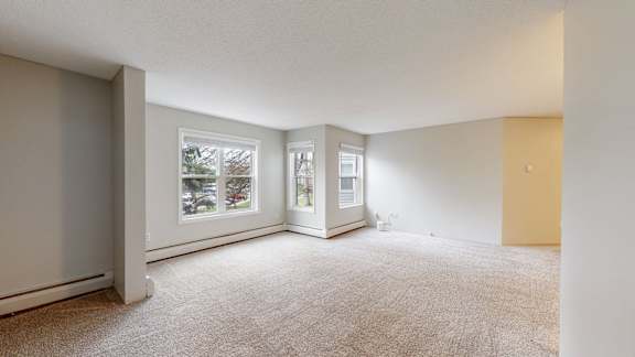 A room with carpeted floor and two windows.