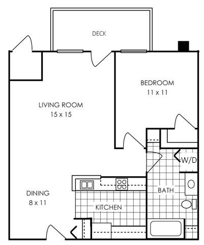 A black and white image of a house floor plan with a living room, dining room, kitchen, bathroom, and bedroom.